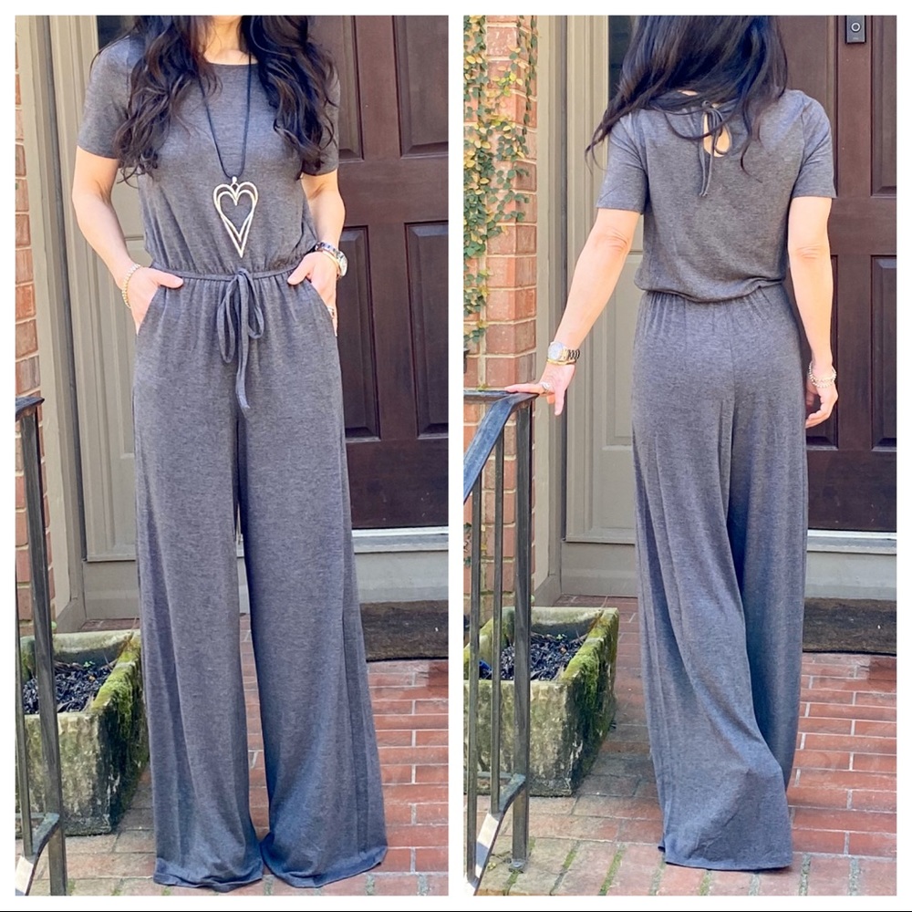 CHARCOAL FABULOUS WIDE LEG SIDE POCKETS JUMPSUIT - Picture 5 of 6